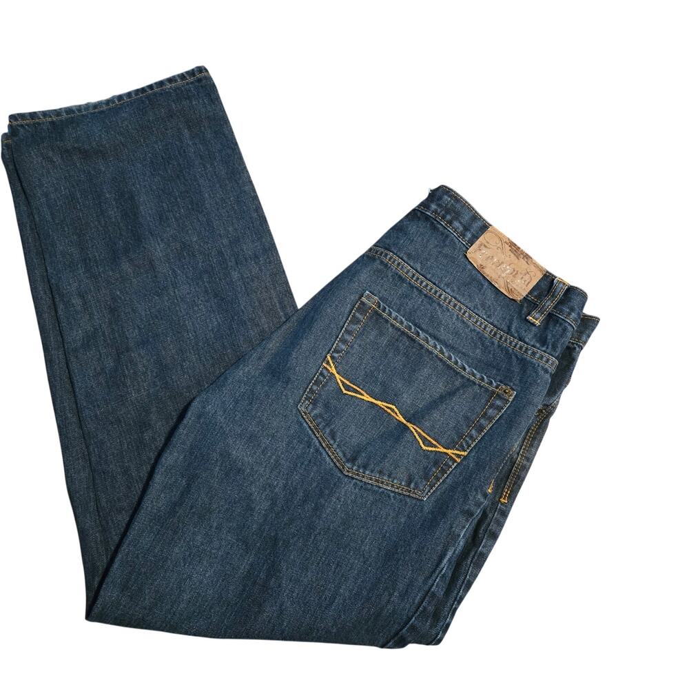 Freeworld dark wash blue denim jeans with distinctive yellow contrast stitching